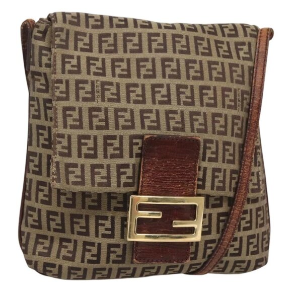 FENDI Zucchino Canvas Shoulder Bag Brown Black Auth bs25758 - Picture 1 of 15
